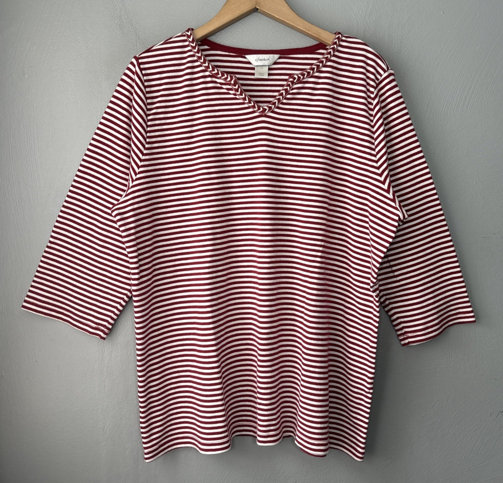 CJ Banks Top Plus Size 1X Red White Striped Ribbed Knit Cotton Preppy Casual